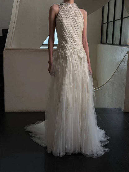 Vintage Mermaid High Neck Tulle Wedding Gown Long Fairytale Brides Gown Wedding Dresses AU488