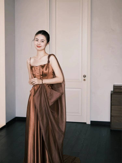 Robe de bal longue marron vintage à bretelles spaghetti, coupe trapèze, tenue de soirée pour 16e anniversaire, robe de remise de diplôme, AU490