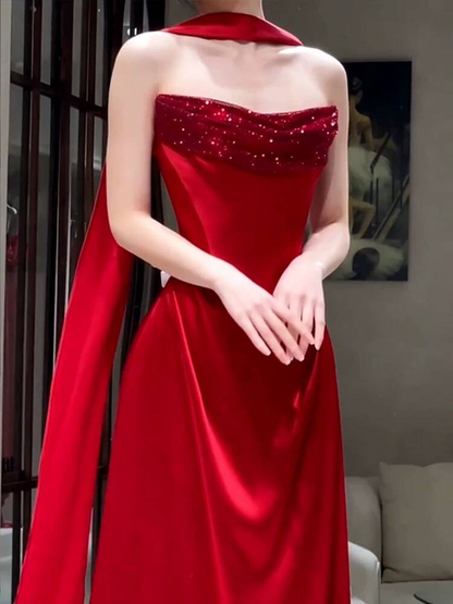 Robe de bal longue en satin rouge, élégante, style sirène, décolleté en cœur, robe de remise de diplôme avec écharpe, AU492