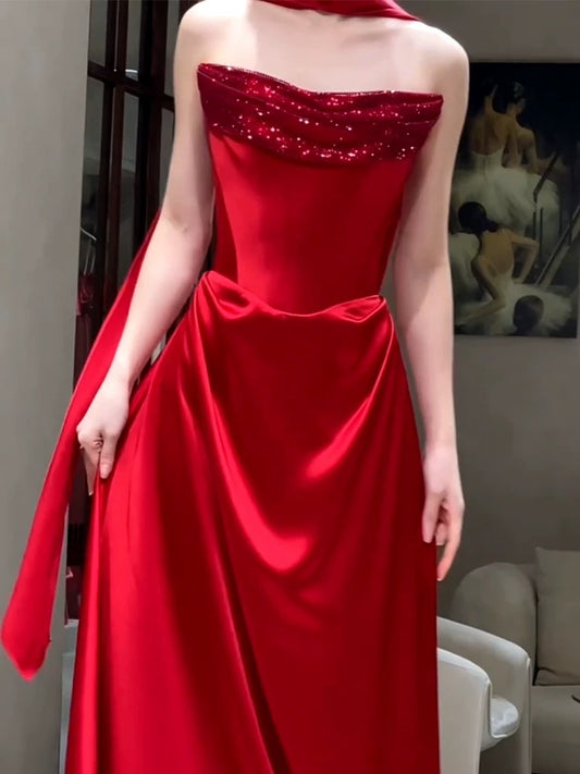 Classy Mermaid Sweetheart Neck Red Satin Long Prom Dresses Inspiration Prom Dress Senior Graduation Dress With Scarf AU492