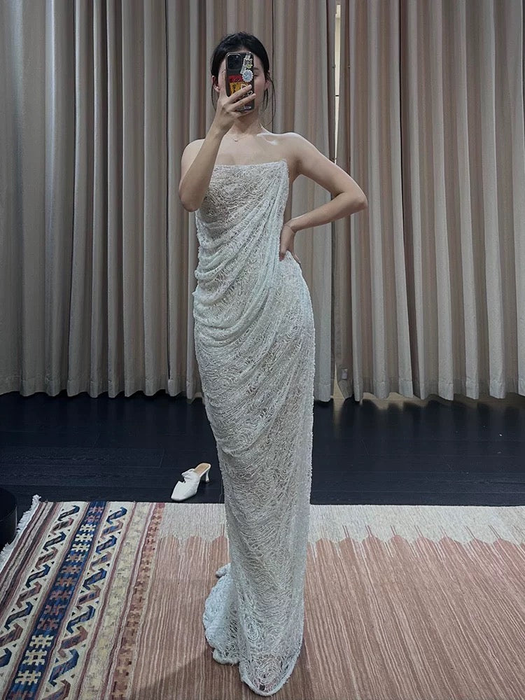 Elegant Sheath Strapless White Lace Wedding Gown Fairy Bride Gown Wedding Dresses AU496