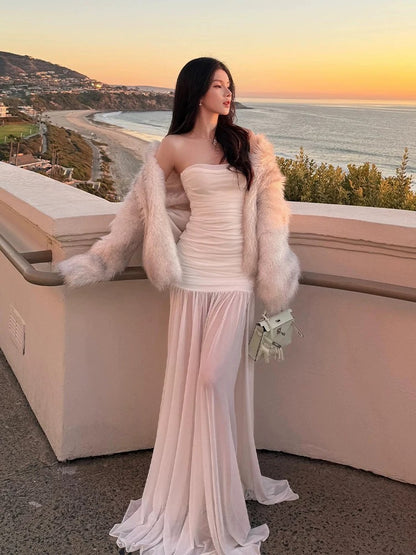 Robe de bal longue en mousseline blanche, élégante, style sirène, sans bretelles, inspiration robe de bal, robe de remise de diplôme, AU497