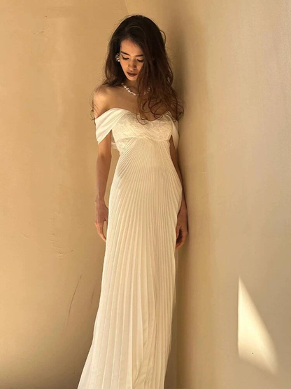 Dream A Line Off The Shoulder White Chiffon Wedding Dress Styles Long Fairytale Brides Gown Wedding Dresses Ideas AU498