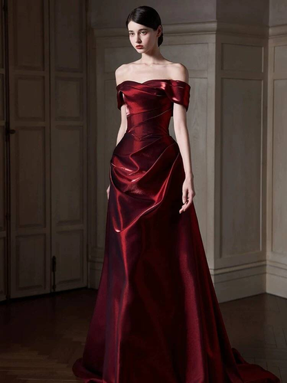 Robe de bal longue en satin bordeaux, élégante, style sirène, épaules dénudées, inspiration robe de bal, robe de remise de diplôme, AU506