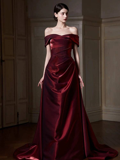 Robe de bal longue en satin bordeaux, élégante, style sirène, épaules dénudées, inspiration robe de bal, robe de remise de diplôme, AU506