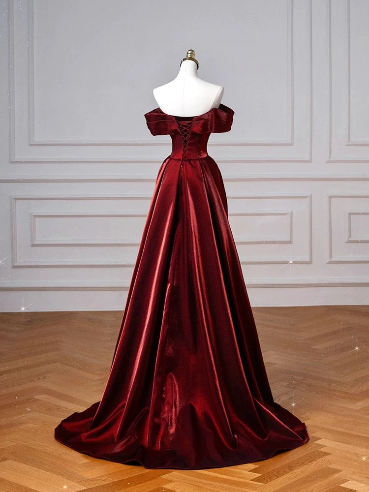 Robe de bal longue en satin bordeaux, élégante, style sirène, épaules dénudées, inspiration robe de bal, robe de remise de diplôme, AU506