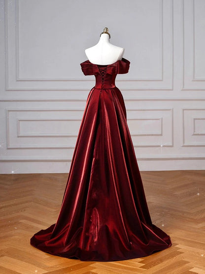 Robe de bal longue en satin bordeaux, élégante, style sirène, épaules dénudées, inspiration robe de bal, robe de remise de diplôme, AU506