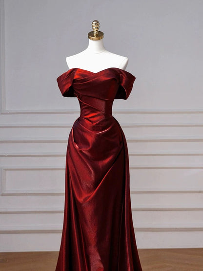 Robe de bal longue en satin bordeaux, élégante, style sirène, épaules dénudées, inspiration robe de bal, robe de remise de diplôme, AU506