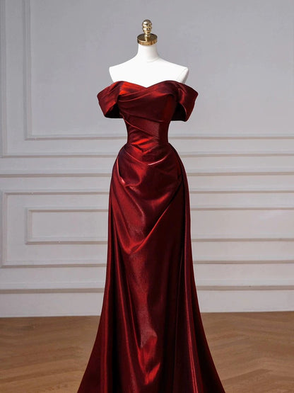 Robe de bal longue en satin bordeaux, élégante, style sirène, épaules dénudées, inspiration robe de bal, robe de remise de diplôme, AU506