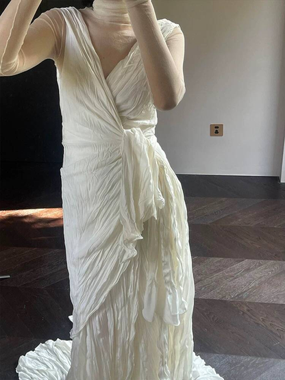 Vintage Mermaid V Neckline White Long Wedding Dress Bride Gown Fairytale Wedding Dresses AU508