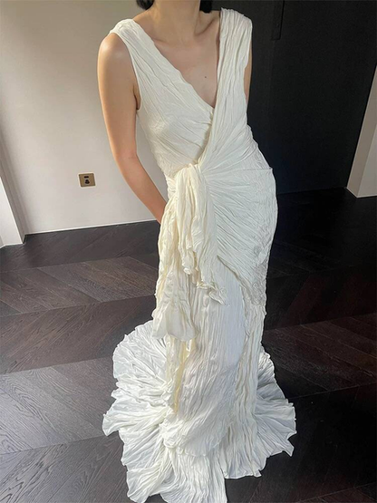 Vintage Mermaid V Neckline White Long Wedding Dress Bride Gown Fairytale Wedding Dresses AU508