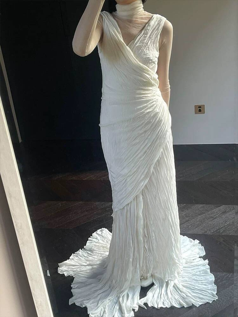 Vintage Mermaid V Neckline White Long Wedding Dress Bride Gown Fairytale Wedding Dresses AU508
