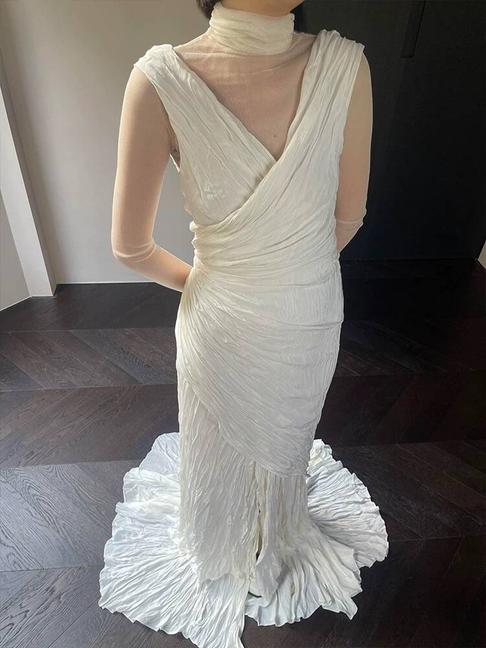 Vintage Mermaid V Neckline White Long Wedding Dress Bride Gown Fairytale Wedding Dresses AU508
