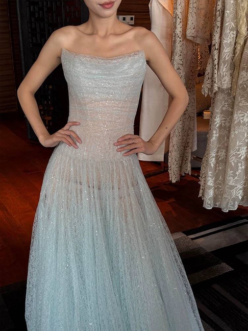Robe de bal longue en tulle bleu ciel clair, style vintage, coupe trapèze, sans bretelles, tenue de soirée pour 16e anniversaire, robe de remise de diplôme, AU515