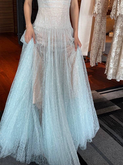 Robe de bal longue en tulle bleu ciel clair, style vintage, coupe trapèze, sans bretelles, tenue de soirée pour 16e anniversaire, robe de remise de diplôme, AU515
