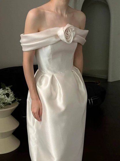 Robe de mariée trapèze en satin à épaules dénudées et longueur cheville, tenue de conte de fées, AU516