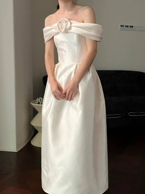 Robe de mariée trapèze en satin à épaules dénudées et longueur cheville, tenue de conte de fées, AU516