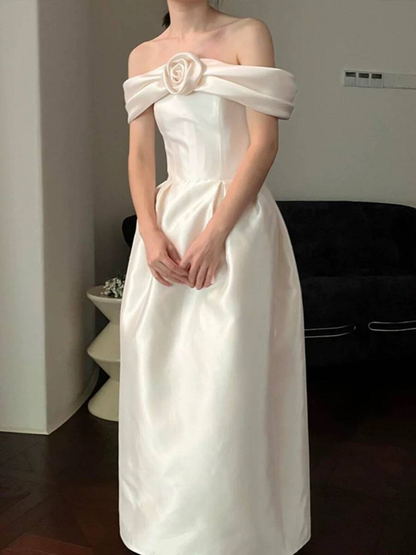 Robe de mariée trapèze en satin à épaules dénudées et longueur cheville, tenue de conte de fées, AU516