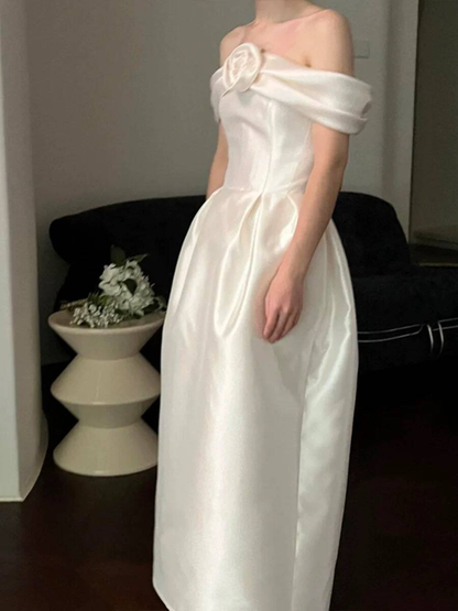 Robe de mariée trapèze en satin à épaules dénudées et longueur cheville, tenue de conte de fées, AU516