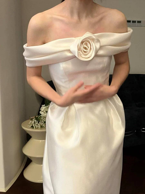 Robe de mariée trapèze en satin à épaules dénudées et longueur cheville, tenue de conte de fées, AU516