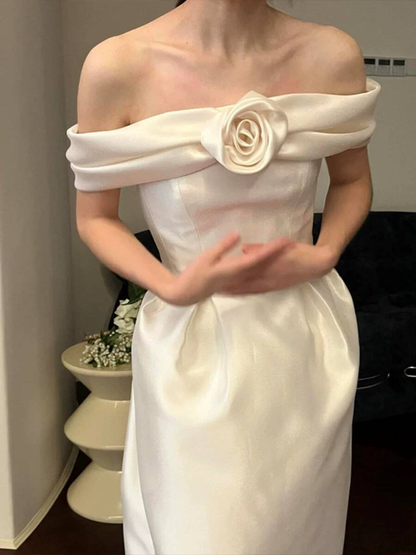 Robe de mariée trapèze en satin à épaules dénudées et longueur cheville, tenue de conte de fées, AU516