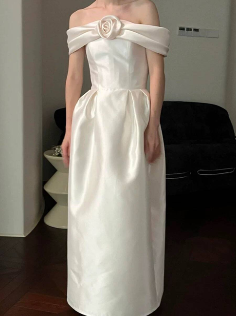 Cute A line Off The Shoulder Satin Ankle Length Wedding Dress Bride Gown Fairytale Wedding Dresses AU516