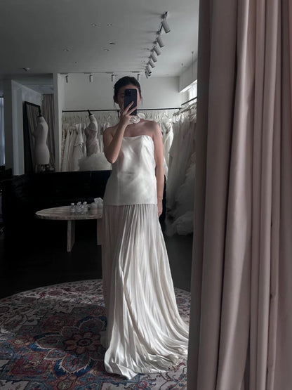 Robe de mariée plissée en mousseline blanche sans bretelles, coupe trapèze, style conte de fées, AU516