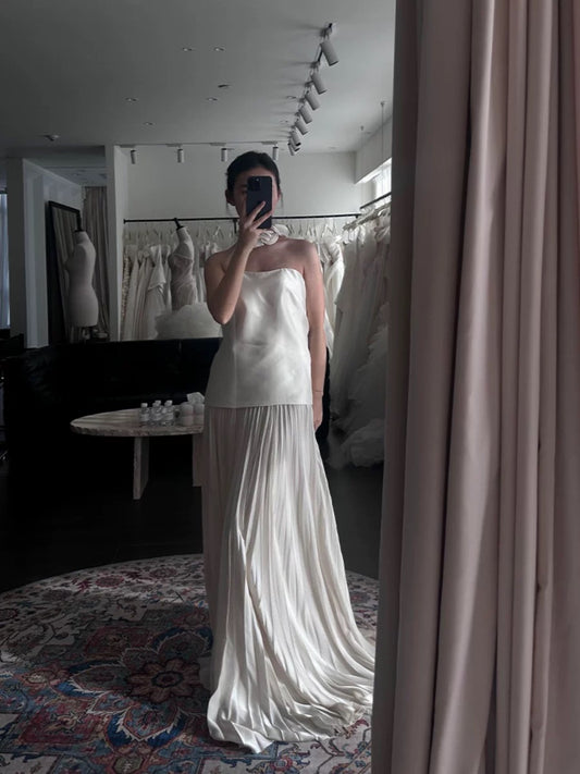 Dream A Line Strapless White Chiffon Pleated Wedding Dress Styles Long Fairytale Brides Gown Wedding Dresses Ideas AU516
