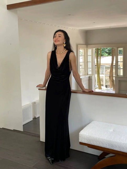 Robe de bal sirène vintage en velours noir, col en V, longue robe de soirée, tenue d'anniversaire pour 22 ans, robe de remise de diplôme, AU517