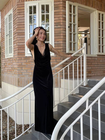 Robe de bal sirène vintage en velours noir, col en V, longue robe de soirée, tenue d'anniversaire pour 22 ans, robe de remise de diplôme, AU517