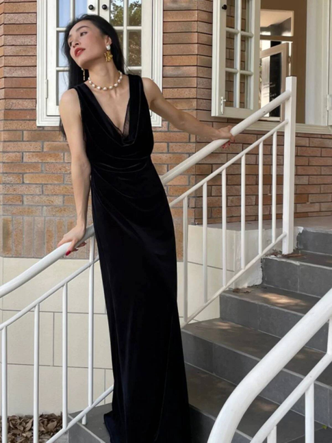 Robe de bal sirène vintage en velours noir, col en V, longue robe de soirée, tenue d'anniversaire pour 22 ans, robe de remise de diplôme, AU517