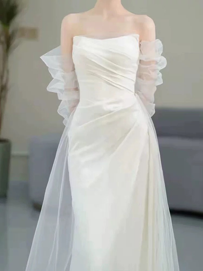 Dream Mermaid Strapless White Satin Pleated Wedding Dress With Sleeves Styles Long Fairytale Brides Gown Wedding Dresses Ideas AU520