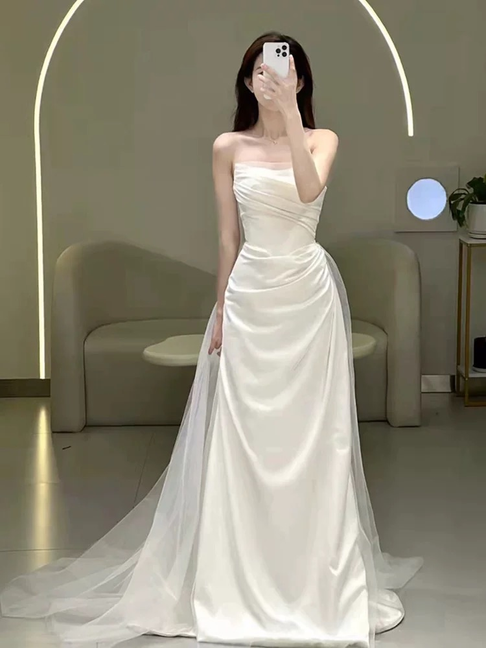 Dream Mermaid Strapless White Satin Pleated Wedding Dress With Sleeves Styles Long Fairytale Brides Gown Wedding Dresses Ideas AU520