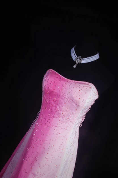 Robe de bal rétro trapèze sans bretelles en tulle rose ombré blanc longueur au sol inspiration robes de bal longues AU522