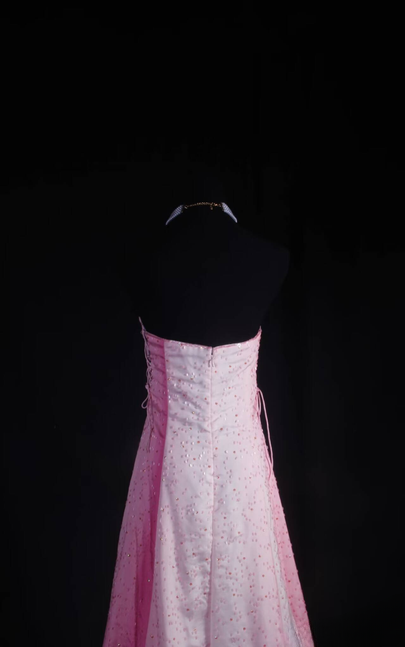 Robe de bal rétro trapèze sans bretelles en tulle rose ombré blanc longueur au sol inspiration robes de bal longues AU522
