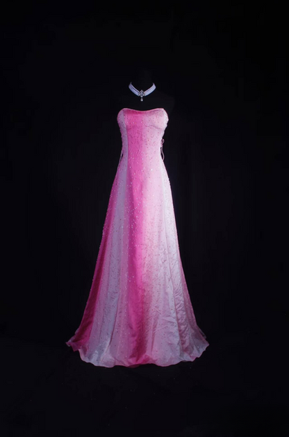 Robe de bal rétro trapèze sans bretelles en tulle rose ombré blanc longueur au sol inspiration robes de bal longues AU522