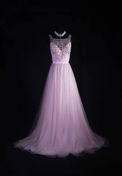 Robe de bal rétro trapèze, col carré, tulle rose, longueur au sol, inspiration, robe longue de bal AU524