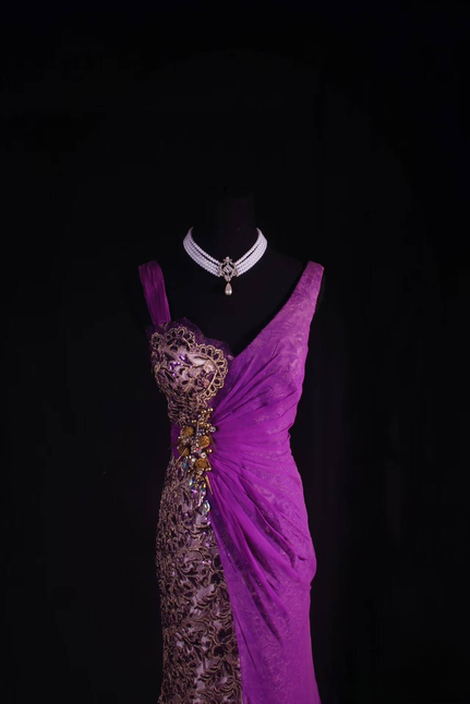 Vintage Mermaid V Neck Grape Chiffon Floor Length Prom Dress Beads Inspiration Long Prom Dresses AU527