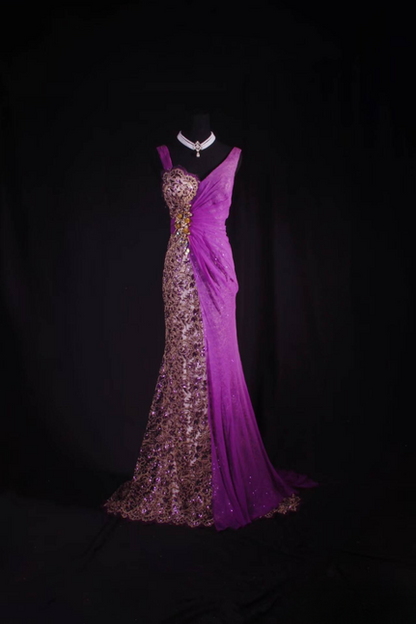 Vintage Mermaid V Neck Grape Chiffon Floor Length Prom Dress Beads Inspiration Long Prom Dresses AU527