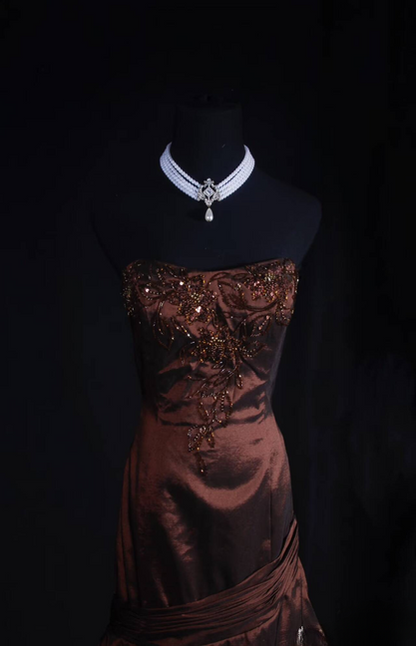 Robe de bal sirène vintage sans bretelles en taffetas, longueur au sol, inspiration perles, robe longue de bal AU529