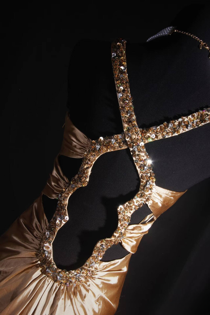 Classic Mermaid V Neckline Beads Sequins Gold Satin Backless Long Prom Dress Inspiration Party Senior Dance Prom Dresses AU535