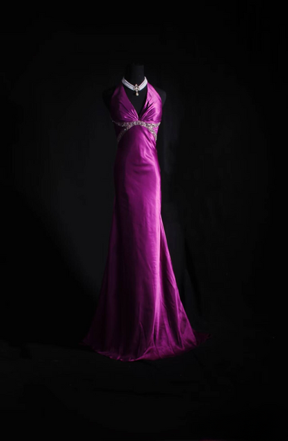 Klassische Meerjungfrau V-Ausschnitt Silber Perlen Pailletten Grape Satin Rückenfrei Langes Ballkleid Inspiration Party Senior Dance Ballkleider AU536