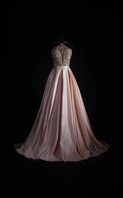 Vintage A line Halter Pink Satin Beads Long Prom Dresses Party Dress Princess Graduation Dress AU537