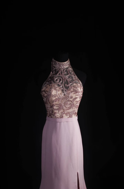 Klassische Meerjungfrau Hoher Ausschnitt Perlen Rosa Chiffon Langes Abendkleid Inspiration Party Senior Dance Prom Kleider AU542