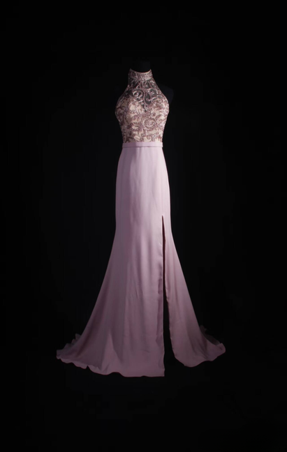 Klassische Meerjungfrau Hoher Ausschnitt Perlen Rosa Chiffon Langes Abendkleid Inspiration Party Senior Dance Prom Kleider AU542