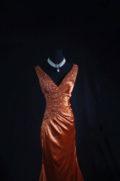 Robe de bal sirène rétro en satin sans manches, col en V, robe de princesse, robe de remise de diplôme, AU543
