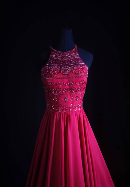 Robe de bal longue vintage en mousseline de soie rose, coupe licou, perles, tenue de soirée princesse, tenue de remise de diplôme pour femmes, AU545