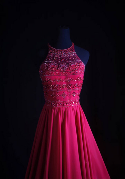 Robe de bal longue vintage en mousseline de soie rose, coupe licou, perles, tenue de soirée princesse, tenue de remise de diplôme pour femmes, AU545