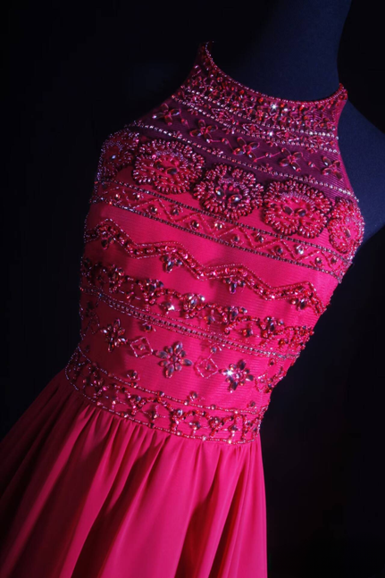 Robe de bal longue vintage en mousseline de soie rose, coupe licou, perles, tenue de soirée princesse, tenue de remise de diplôme pour femmes, AU545