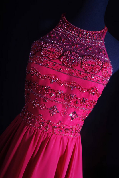 Robe de bal longue vintage en mousseline de soie rose, coupe licou, perles, tenue de soirée princesse, tenue de remise de diplôme pour femmes, AU545